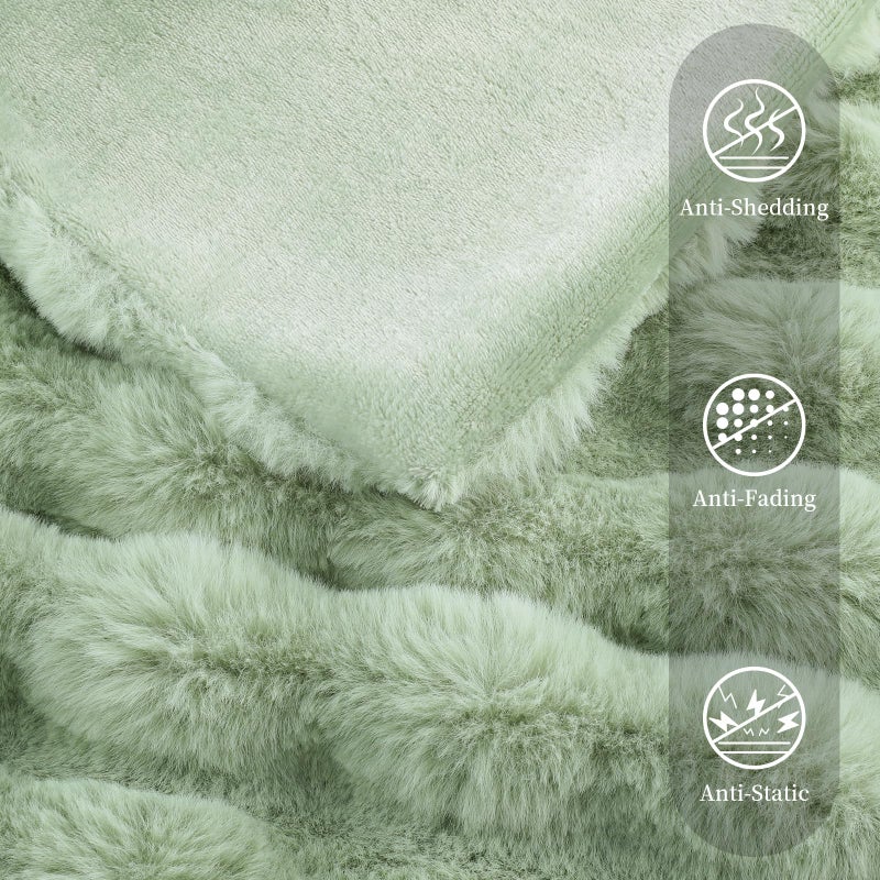 Admitrack Faux Rabbit Fur Throw Blanket for Couch  Fluffy Warm Plush Thick Bubble Blanket for Bed Sofa Living Room  Soft Cozy Furry Blanket  50x60 inches  Sage Green - Image 4