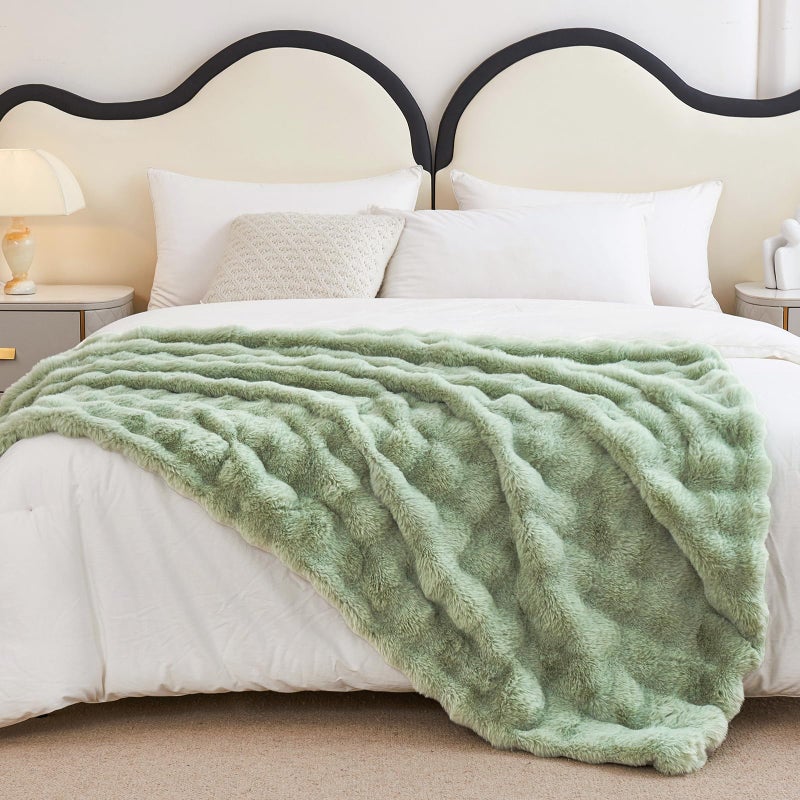 Admitrack Faux Rabbit Fur Throw Blanket for Couch  Fluffy Warm Plush Thick Bubble Blanket for Bed Sofa Living Room  Soft Cozy Furry Blanket  50x60 inches  Sage Green - Image 5