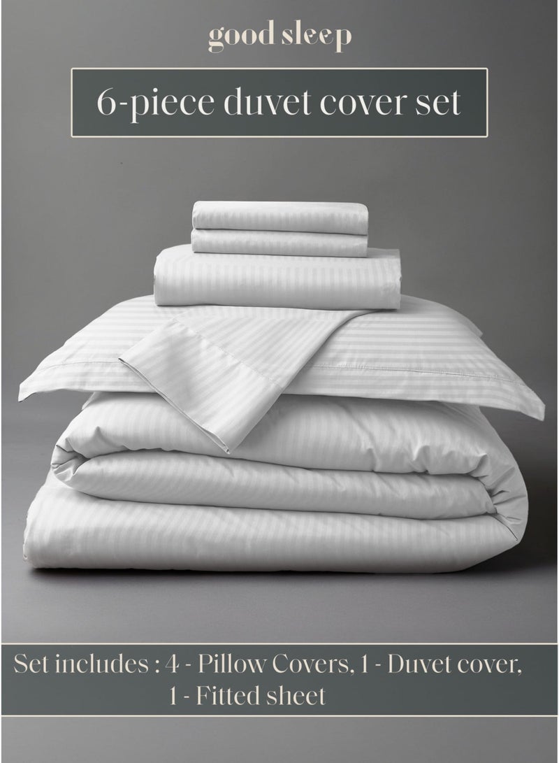 Good Sleep طقم لحاف مخطط فاخر - 6 قطع أبيض | حجم كوين 200x160 سم | ناعم للغاية، مقاوم للتجاعيد ومصنوع في دبي | يتضمن غطاء لحاف، ملاءة مشدودة و4 أغطية وسائد - Image 2
