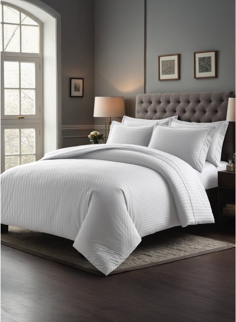 Good Sleep طقم لحاف مخطط فاخر - 6 قطع أبيض | حجم كوين 200x160 سم | ناعم للغاية، مقاوم للتجاعيد ومصنوع في دبي | يتضمن غطاء لحاف، ملاءة مشدودة و4 أغطية وسائد - Image 1