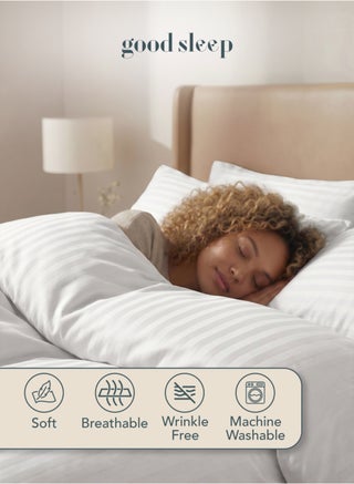 Good Sleep Queen Size Duvet Cover Set | 6 Piece | 200x230 cm | White Striped | Duvet Cover with Deep-Pocket Fitted Sheet & 4 Pillowcases | Ultra-Soft Fabric, Wrinkle-Free | Made in Dubai