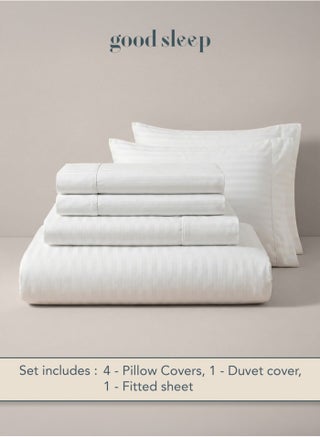 Good Sleep Queen Size Duvet Cover Set | 6 Piece | 200x230 cm | White Striped | Duvet Cover with Deep-Pocket Fitted Sheet & 4 Pillowcases | Ultra-Soft Fabric, Wrinkle-Free | Made in Dubai