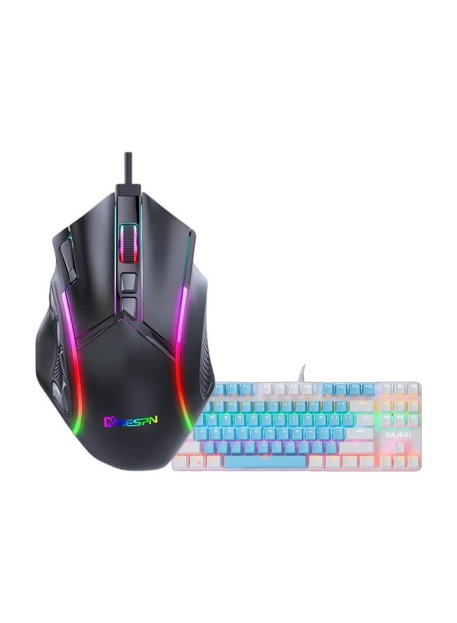 87 Keys Wired Mixed Light Keyboard With Mechanical Blue Switch Suspension Button Blue & White - Image 1