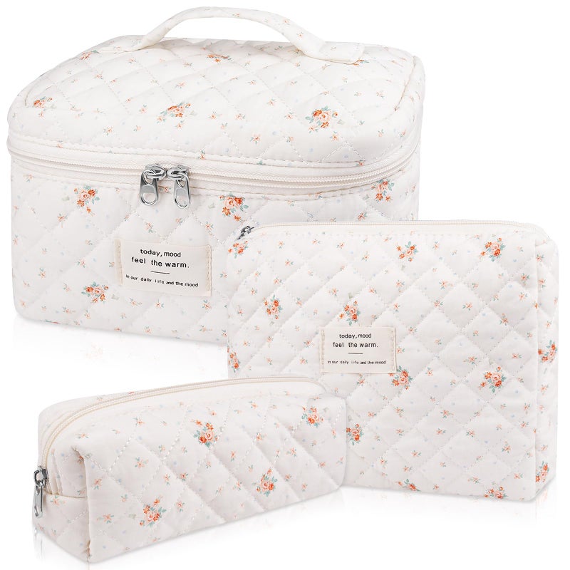 Gosect Makeup Bag Set Quilted Makeup Bag Large Floral Cosmetic Bag for Women Cute Cotton Makeup Bags Flower Travel Toiletry Organizer Bag Rose Plaid Pattern - Image 2