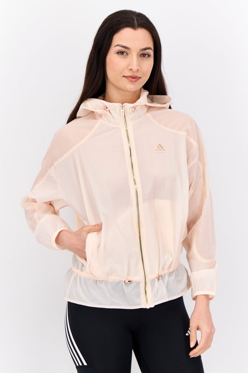 Adidas Women Sportswear Fit Long Sleeve Outdoor Hooded Jacket, Peach - Image 1
