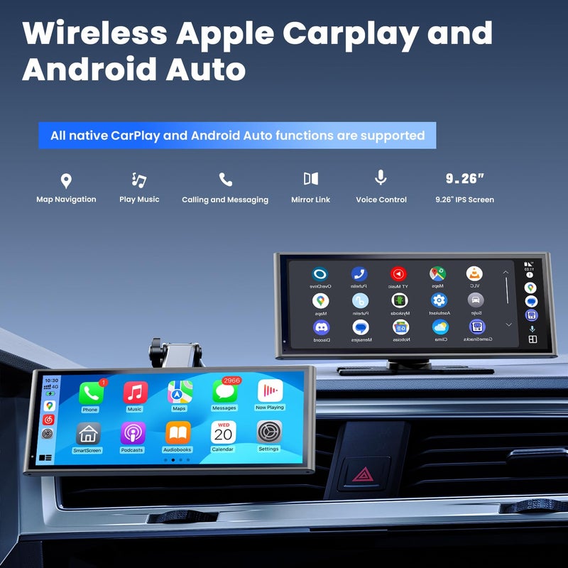 Krunia 9.26" Wireless Portable Car Play Screen for CarPlay & Android Auto, OTA Updates, Backup Camera, Mirror Link, 5.0 Bluetooth, Voice Control, GPS Navigation, FM (Gray) - Image 2