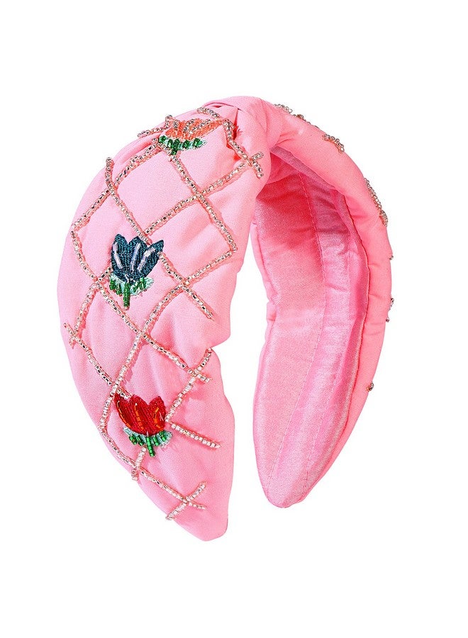 NVENF Bead Embroidered Headbands Crystal Beaded Flower Embellished Hairbands Wide Knotted Turban Hair Hoop Trendy Hair Accessory Vacation Gifts - Image 1