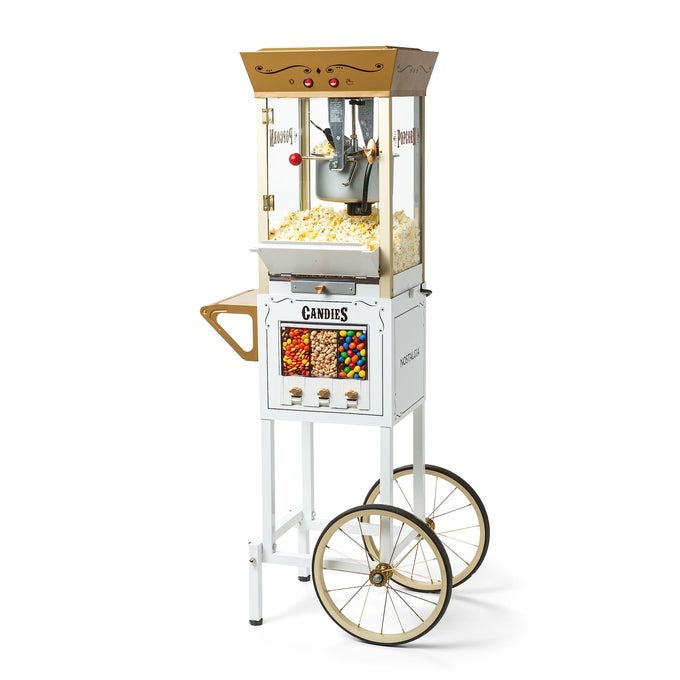VINTAGE 8 OUNCE PROFESSIONAL POPCORN AND DISPENSING CART MAKES UP TO 32 CUPS THREE STORAGE DISPENSERS FOR KERNELS CANDY NUTS CHOCOLATE MEASURING SPOONS AND SCOOP INCLUDED