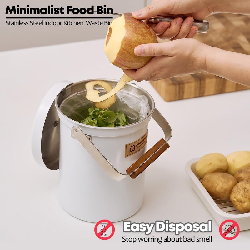 WAGENSTEIGER Kitchen Countertop Compost Bin 101ounces / 3Liters, Airtight Lid SUS304 Stainless Steel Odor-Free Food Waste Bin with Wooden Handle Stylish Design/Bathroom Trash Can (White) - Image 3
