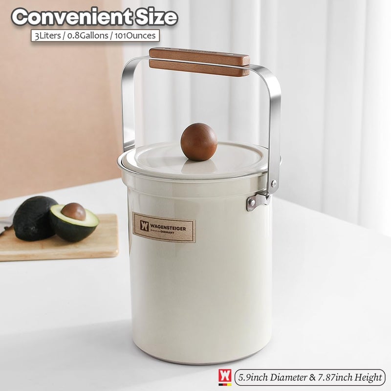 WAGENSTEIGER Kitchen Countertop Compost Bin 101ounces / 3Liters, Airtight Lid SUS304 Stainless Steel Odor-Free Food Waste Bin with Wooden Handle Stylish Design/Bathroom Trash Can (White) - Image 4