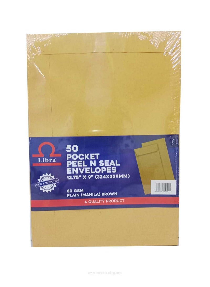 Libra A4 Brown Envelopes 12.75×9 – 80GSM (Peel & Seal 50 Pieces Box) - Image 1