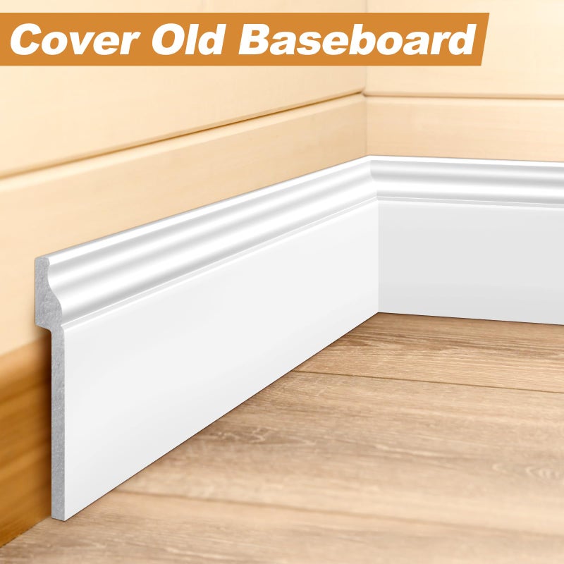 Pangda 4 Pcs 39.4 x 5.5 in White Wall Baseboard Covers Skirting Board Covers for 4.13 x 0.5in Baseboard Trim Polystyrene Moulding Easy DIY Installation for Room Office, Installed with Glue Not Include - Image 3