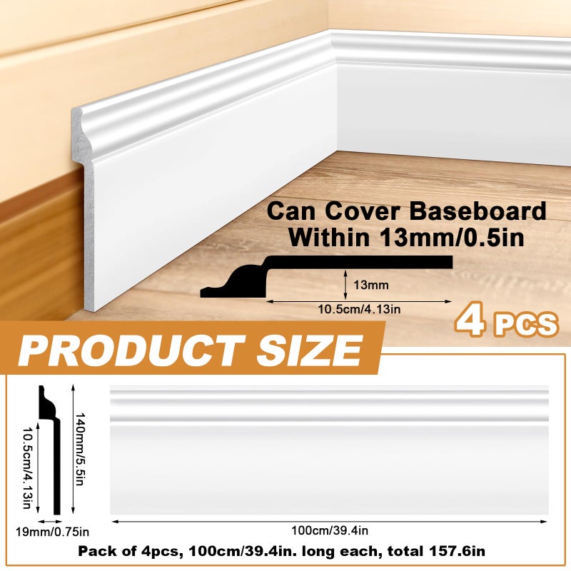 Pangda 4 Pcs 39.4 x 5.5 in White Wall Baseboard Covers Skirting Board Covers for 4.13 x 0.5in Baseboard Trim Polystyrene Moulding Easy DIY Installation for Room Office, Installed with Glue Not Include - Image 2