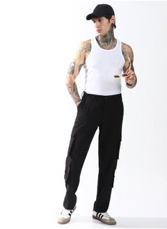 Hubberholme Relaxed Fit Black 95% polyester 5% spandex Solid Woven Cargo with Button Closure Full Length - Ideal for Streetwear - A Must-Have for Your Wardrobe!  - Image 1