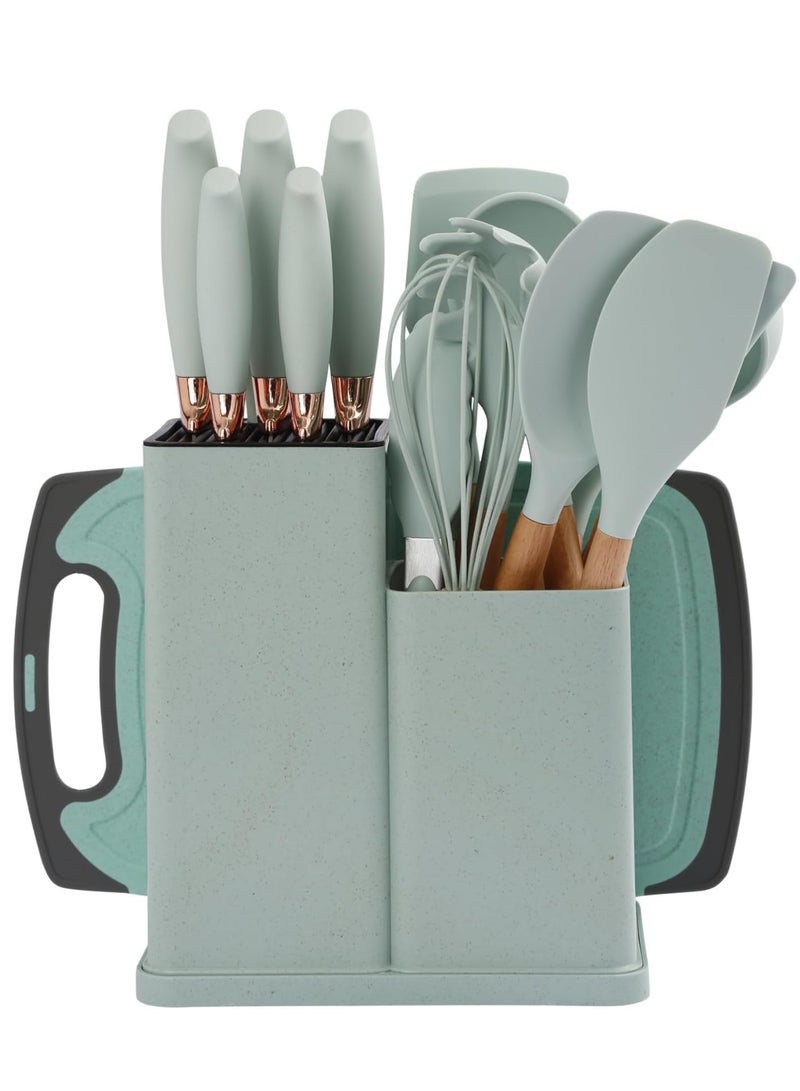 كيلا مجموعة أدوات المطبخ المكونة من 19 قطعة مع ملعقة طهي مكونة من 11 قطعة، أدوات سيليكون مقاومة للحرارة، مجموعة سكاكين حادة مكونة من 6 قطع، لوح تقطيع مكون من قطعتين (أخضر فاتح) - Image 1