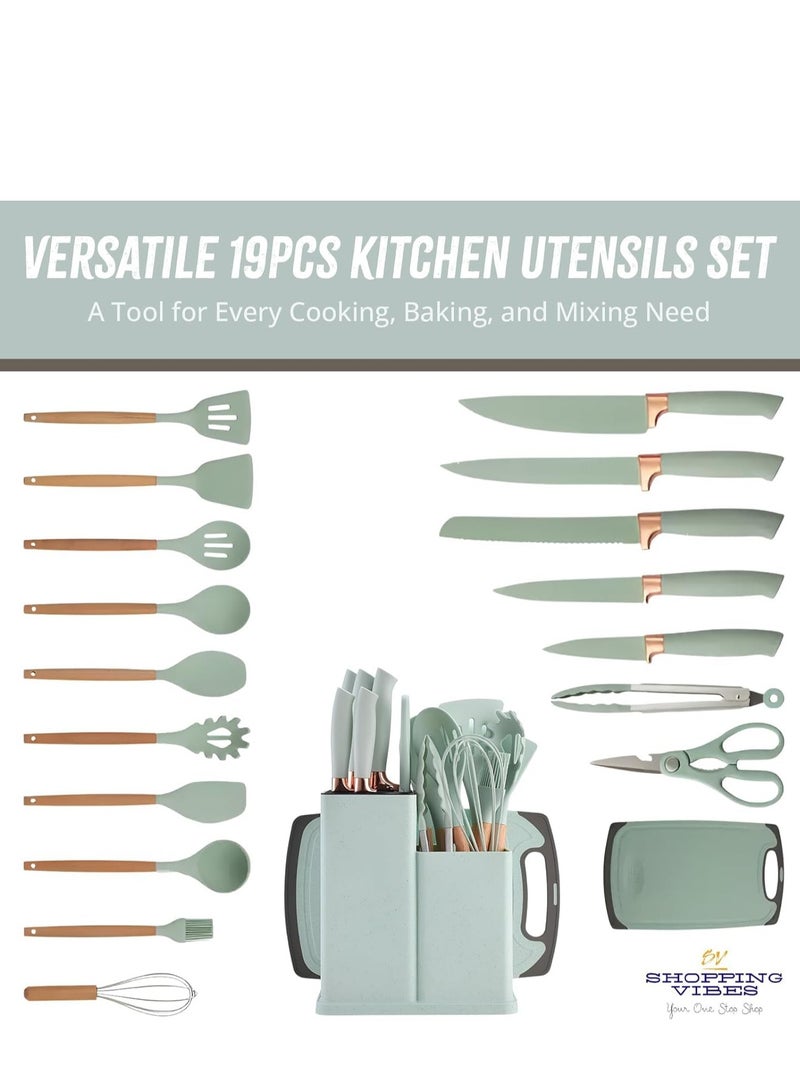 كيلا مجموعة أدوات المطبخ المكونة من 19 قطعة مع ملعقة طهي مكونة من 11 قطعة، أدوات سيليكون مقاومة للحرارة، مجموعة سكاكين حادة مكونة من 6 قطع، لوح تقطيع مكون من قطعتين (أخضر فاتح) - Image 4