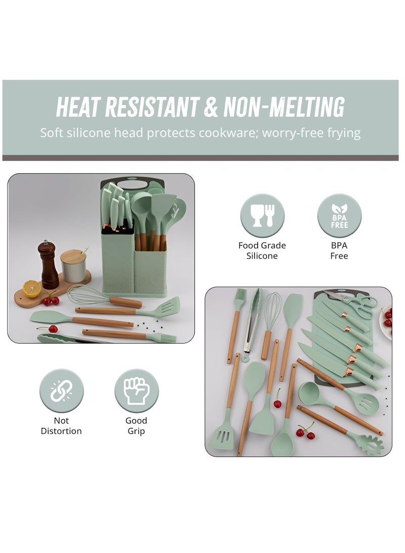 كيلا مجموعة أدوات المطبخ المكونة من 19 قطعة مع ملعقة طهي مكونة من 11 قطعة، أدوات سيليكون مقاومة للحرارة، مجموعة سكاكين حادة مكونة من 6 قطع، لوح تقطيع مكون من قطعتين (أخضر فاتح) - Image 5