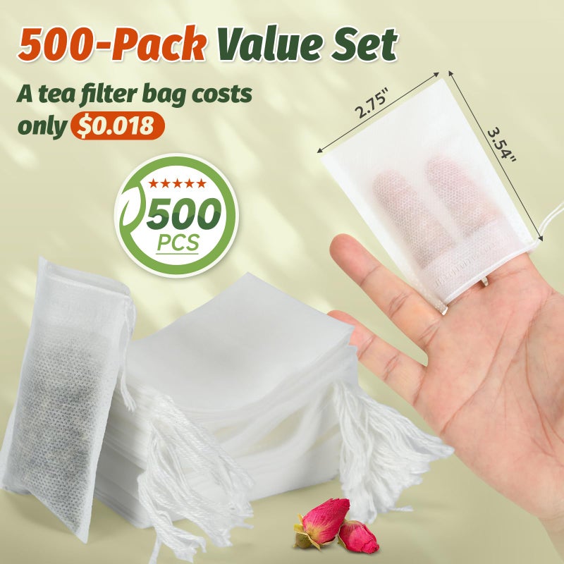 TOINSIX 500Pcs Disposable Tea Bags for Loose Leaf Tea, Empty Tea Filter Bags with Cotton Drawstring, Fillable Tea Infuser Sachets for Loose Tea, Coffee, Herb, Spice and More (3.54"x 2.75") - Image 2