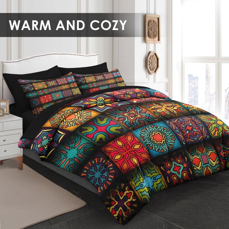 Pamnest Comforter Set King Size, Colorful Vintage Floral 7 Pcs Bedding for Kids and Adults, Mandala Bohemian Flower Bed Sheet Sets with Fitted Sheet 2 Pillowcases & 2 Shams for Bedroom Bed Decor - Image 2