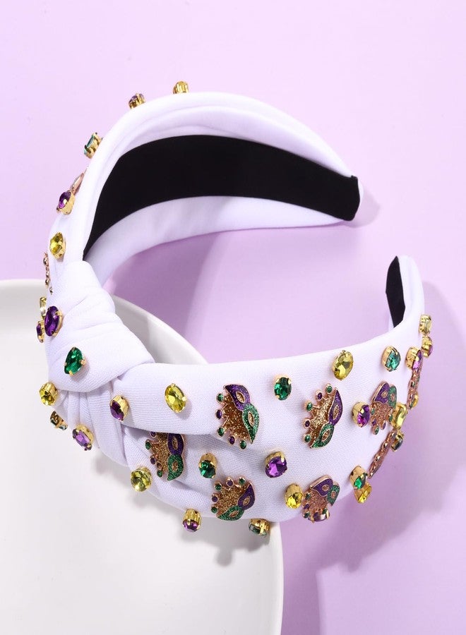 boderier Mardi Gras Headband Glitter Crown Mask Jeweled Crystal Embellished Knotted Headband Fat Tuesday Carnival Headwear Hair Accessories (Mask-White) - Image 2