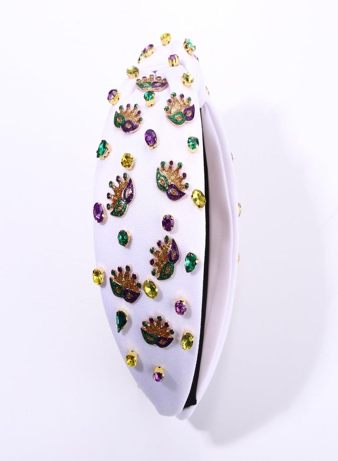 boderier Mardi Gras Headband Glitter Crown Mask Jeweled Crystal Embellished Knotted Headband Fat Tuesday Carnival Headwear Hair Accessories (Mask-White) - Image 4