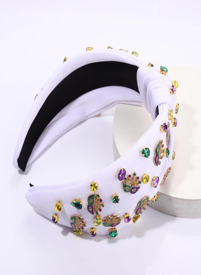 boderier Mardi Gras Headband Glitter Crown Mask Jeweled Crystal Embellished Knotted Headband Fat Tuesday Carnival Headwear Hair Accessories (Mask-White) - Image 3