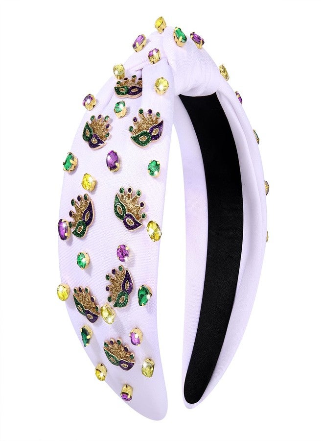 boderier Mardi Gras Headband Glitter Crown Mask Jeweled Crystal Embellished Knotted Headband Fat Tuesday Carnival Headwear Hair Accessories (Mask-White) - Image 1