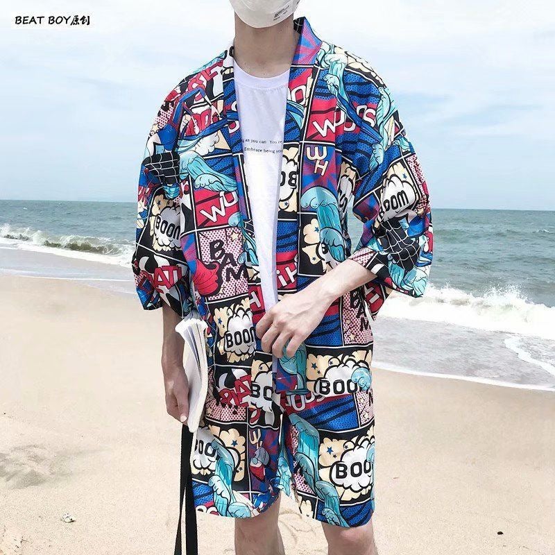 Generic Mens Summer Casual Beach Set Lightweight Hawaiian Shorts Shirt Combo 1921 Blue suit 