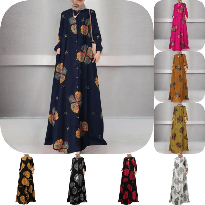 Spot cross-border foreign trade Womens cotton and linen printed shirt robe dress round neck vintage long sleeve large size dress Orange - Image 4
