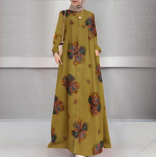 Spot cross-border foreign trade Womens cotton and linen printed shirt robe dress round neck vintage long sleeve large size dress Orange - Image 2