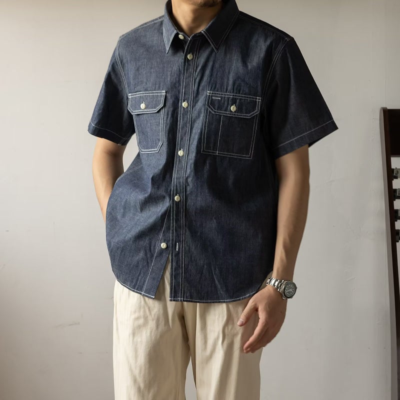 Japanese Retro Work Shirt Summer American Western Cowboy Shirt Short-Sleeved Loose Jacket Lapel Shirt - Image 2