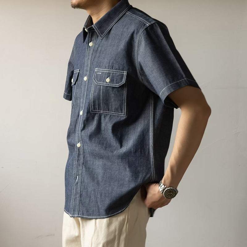 Japanese Retro Work Shirt Summer American Western Cowboy Shirt Short-Sleeved Loose Jacket Lapel Shirt - Image 3