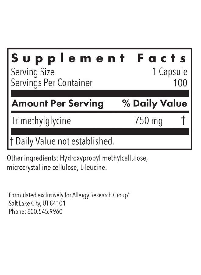 Allergy Research Group - TMG Trimethylglycine 750mg Supplement - Betaine Anhydrous, Supports Healthy Methylation, Promotes Healthy Homocysteine Levels, Hypoallergenic, Vegetarian Capsules - 100 Count - Image 1