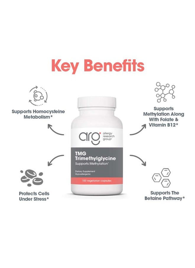 Allergy Research Group - TMG Trimethylglycine 750mg Supplement - Betaine Anhydrous, Supports Healthy Methylation, Promotes Healthy Homocysteine Levels, Hypoallergenic, Vegetarian Capsules - 100 Count - Image 1