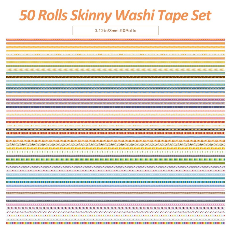 emmoolife 50 Rolls Skinny Washi Tape Set 3mm Wide, Gold Foil Print Masking Thin Basic Patterns Decorative Tapes for Scrapbooking, Junk Journal Supplies, Bullet Journaling, Craft Tape for Women Girl - Image 3