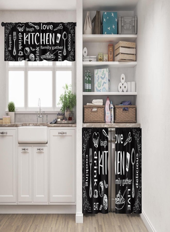 Tayney Farmhouse Chef Kitchen Window Curtains Valance and Tier Set 36 Inch, Modern Doodle Abstract Black Art Rod Pocket Short Tier Curtain for Bathroom, Funny Cafe Drapes for Kitchen Decor - Image 2