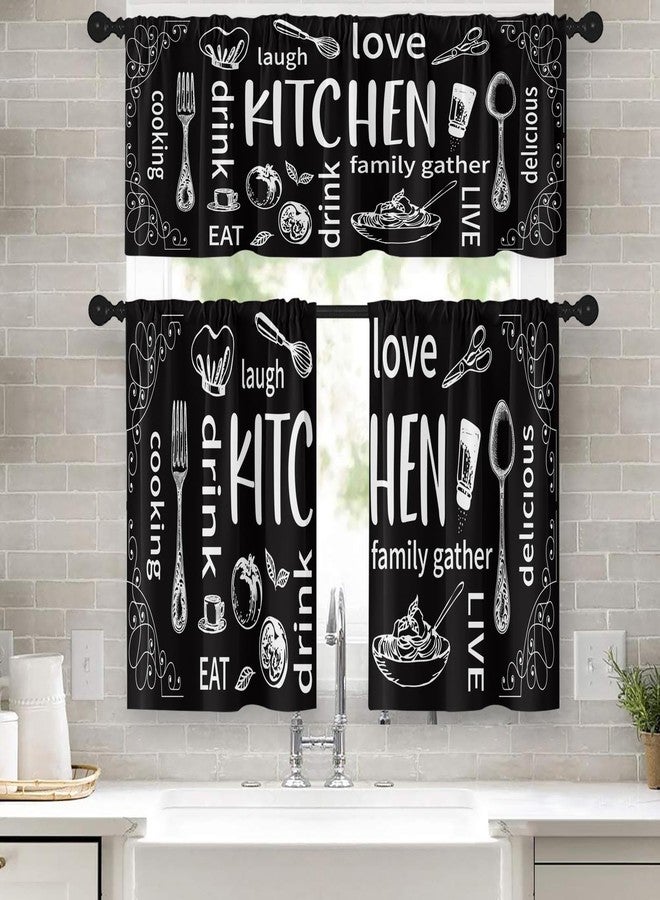 Tayney Farmhouse Chef Kitchen Window Curtains Valance and Tier Set 36 Inch, Modern Doodle Abstract Black Art Rod Pocket Short Tier Curtain for Bathroom, Funny Cafe Drapes for Kitchen Decor - Image 1