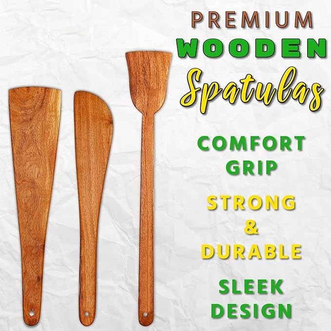 Flavoma Natural Wooden Spoon Set of 3 | Flip/Spatula/Ladle for Cooking | Dosa/Roti/Chapati | Kitchen Tools | No Harmful Polish | Handmade | Naturally Non-Stick Cookware | Sheesham/Neem Wood - Image 2