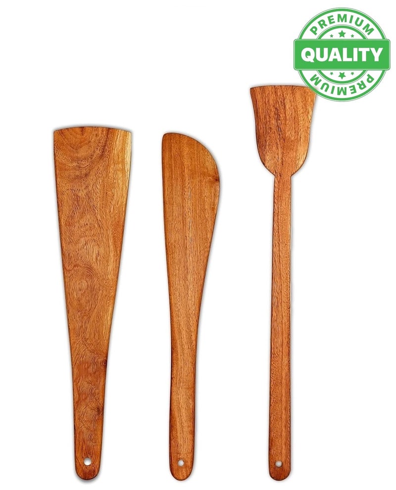 Flavoma Natural Wooden Spoon Set of 3 | Flip/Spatula/Ladle for Cooking | Dosa/Roti/Chapati | Kitchen Tools | No Harmful Polish | Handmade | Naturally Non-Stick Cookware | Sheesham/Neem Wood - Image 5