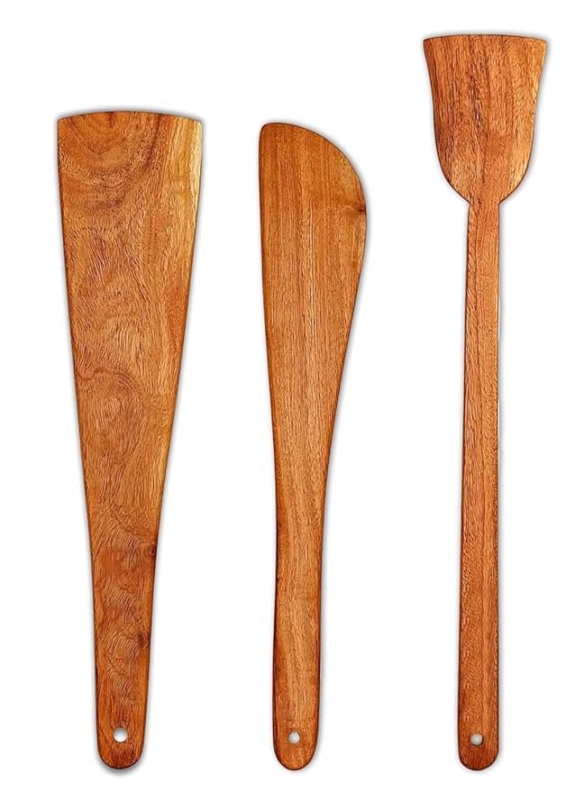 Flavoma Natural Wooden Spoon Set of 3 | Flip/Spatula/Ladle for Cooking | Dosa/Roti/Chapati | Kitchen Tools | No Harmful Polish | Handmade | Naturally Non-Stick Cookware | Sheesham/Neem Wood - Image 1