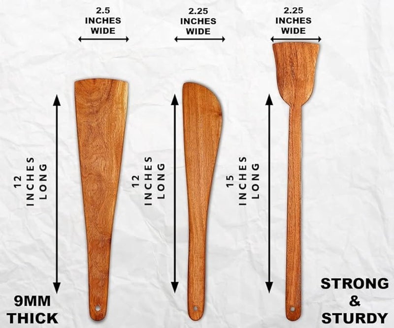 Flavoma Natural Wooden Spoon Set of 3 | Flip/Spatula/Ladle for Cooking | Dosa/Roti/Chapati | Kitchen Tools | No Harmful Polish | Handmade | Naturally Non-Stick Cookware | Sheesham/Neem Wood - Image 4
