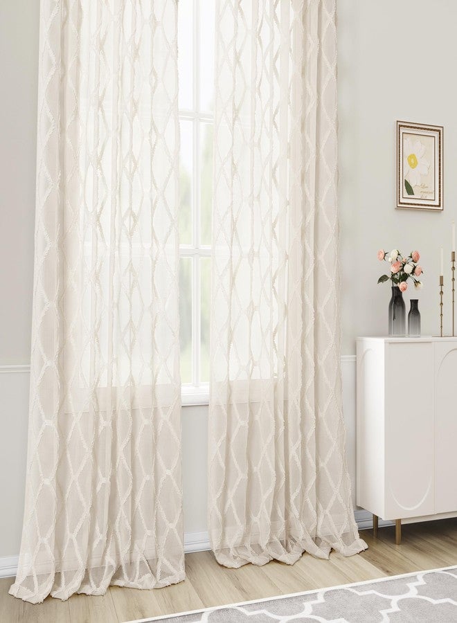 Hokibero Beige Sheer Curtains 84 Inches Long for Living Room Rod Pocket Back Tab Sand Taupe Tan Semi Sheer Curtain Geometric Embroidered Tuft Pom Textured Drapes Earth Tone Farmhouse Rustic Bedroom Nursery - Image 4