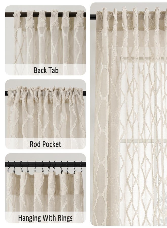 Hokibero Beige Sheer Curtains 84 Inches Long for Living Room Rod Pocket Back Tab Sand Taupe Tan Semi Sheer Curtain Geometric Embroidered Tuft Pom Textured Drapes Earth Tone Farmhouse Rustic Bedroom Nursery - Image 3