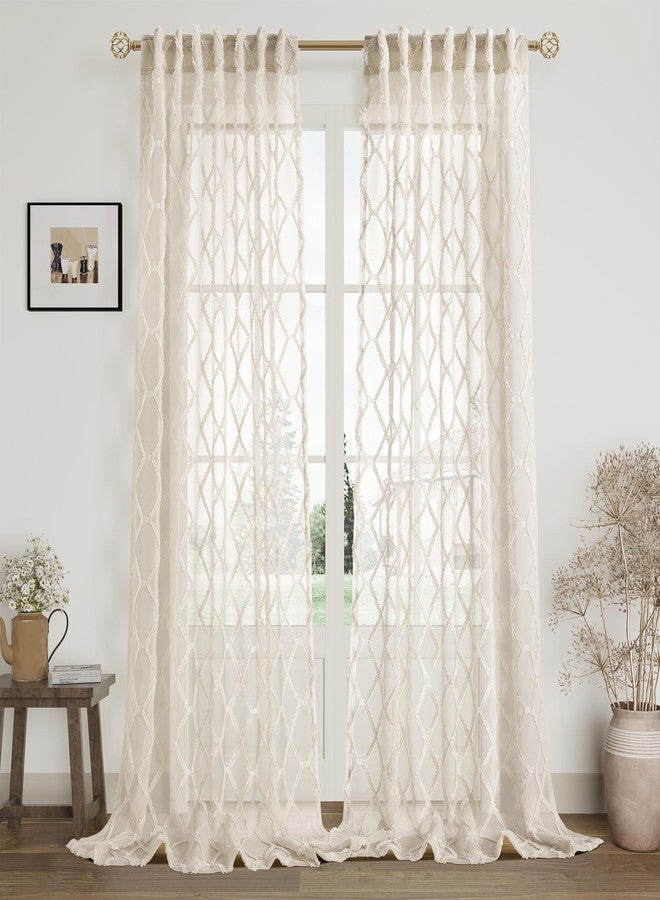 Hokibero Beige Sheer Curtains 84 Inches Long for Living Room Rod Pocket Back Tab Sand Taupe Tan Semi Sheer Curtain Geometric Embroidered Tuft Pom Textured Drapes Earth Tone Farmhouse Rustic Bedroom Nursery - Image 1