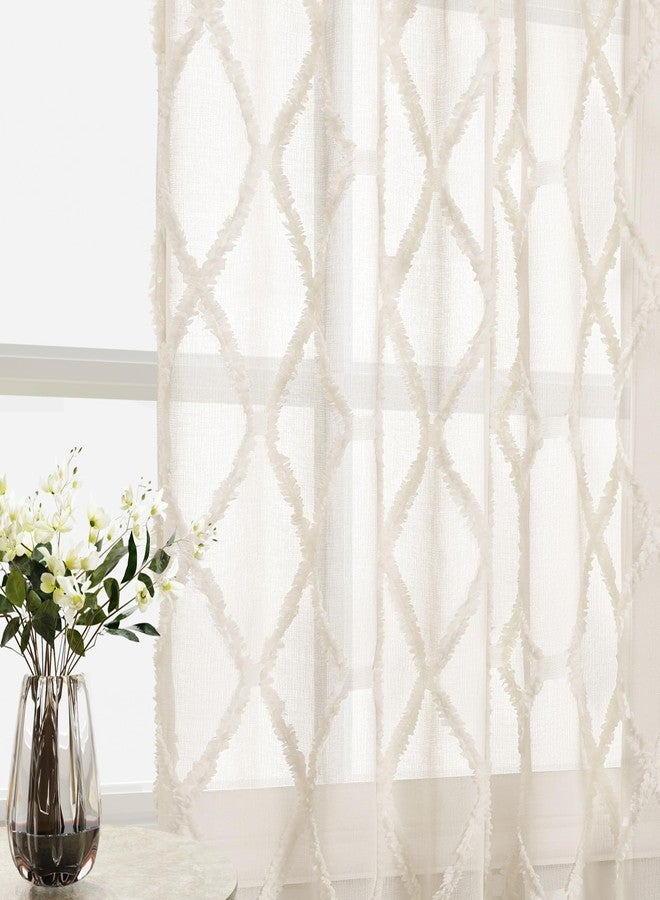 Hokibero Beige Sheer Curtains 84 Inches Long for Living Room Rod Pocket Back Tab Sand Taupe Tan Semi Sheer Curtain Geometric Embroidered Tuft Pom Textured Drapes Earth Tone Farmhouse Rustic Bedroom Nursery - Image 2