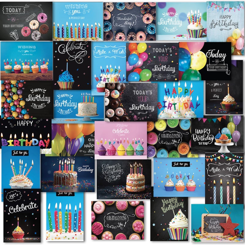 Janvale 120 Birthday Cards Bulk- Happy Birthday Cards with Envelpoes,30 Unique Blackboard Designs, Large 5x7 Inches, Includes Kraft and White Envelopes â€“ Assorted Birthday Cards for Business & Personal Use - Image 1