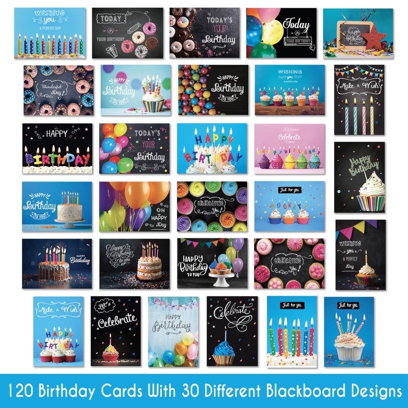 Janvale 120 Birthday Cards Bulk- Happy Birthday Cards with Envelpoes,30 Unique Blackboard Designs, Large 5x7 Inches, Includes Kraft and White Envelopes â€“ Assorted Birthday Cards for Business & Personal Use - Image 2