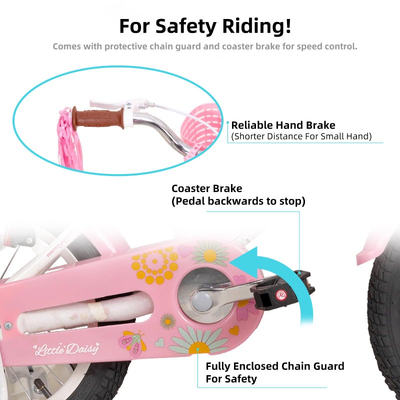 JOYSTAR 12 Inch Kids Bike Little Daisy Girls Bike with Training Wheels Doll Bike Seat Basket & Streamers Princess Kids Bicycle for Girls Toddler of 2-4 Years Toddler Bikes White - Image 3