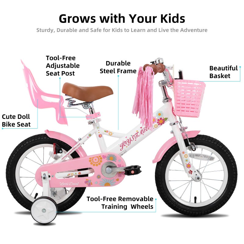 JOYSTAR 12 Inch Kids Bike Little Daisy Girls Bike with Training Wheels Doll Bike Seat Basket & Streamers Princess Kids Bicycle for Girls Toddler of 2-4 Years Toddler Bikes White - Image 2
