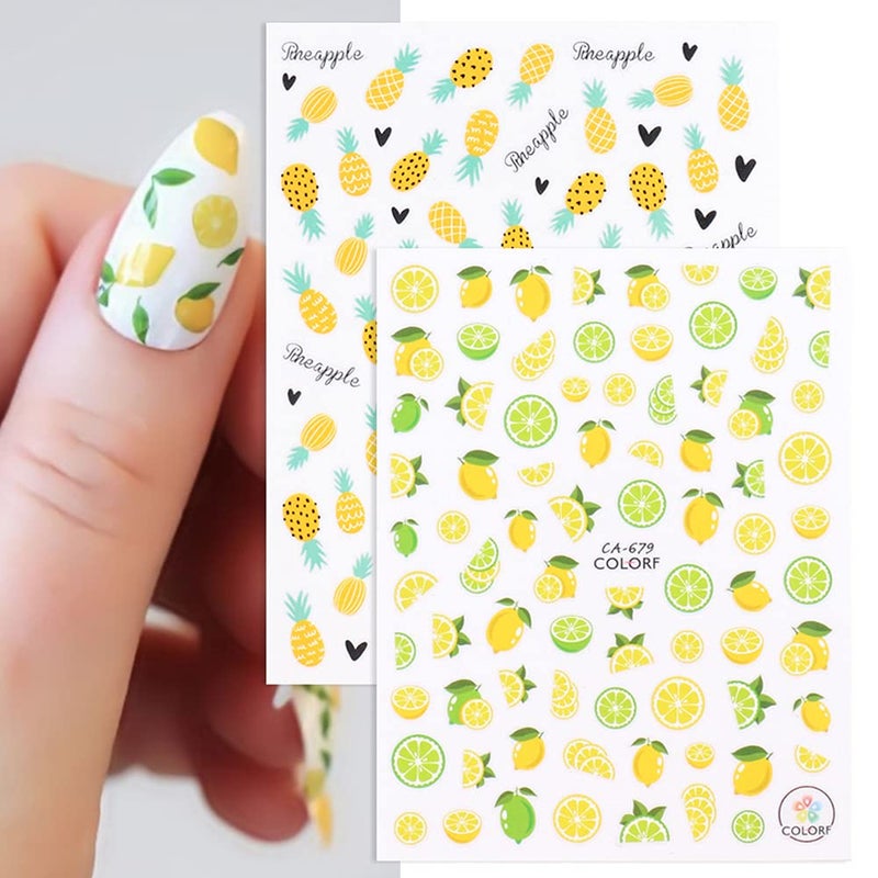 Summer Nail Art Stickers 3D Fruit Self Adhesive Nail Stickers Nail Art Supplies Avocado Strawberry Cherry Pineapple Lemon Fruit Nail Decals 3D Small Fresh Nail Decorations Set for Women 6 Sheets
